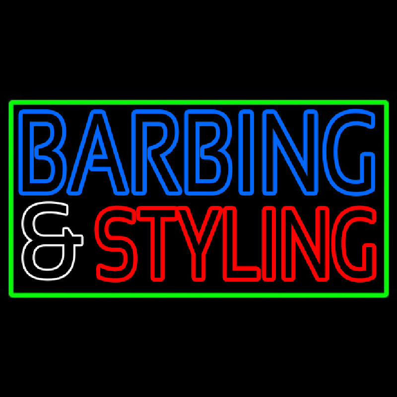 Barbering And Styling With Green Border Leuchtreklame