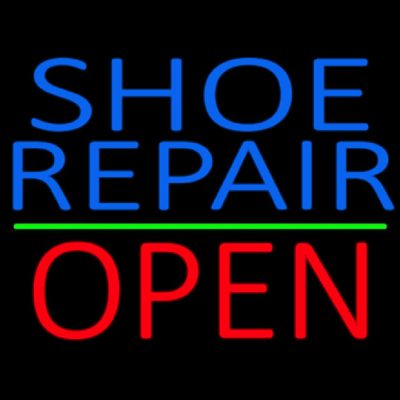 Blue Shoe Repair Open With Green Line Leuchtreklame