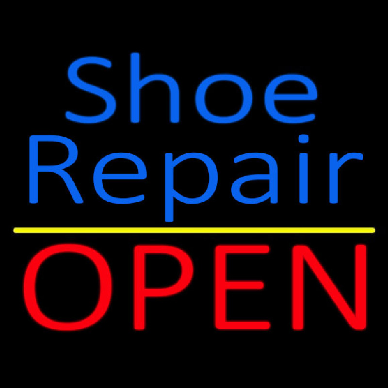 Blue Shoe Repair Open With Yellow Line Leuchtreklame