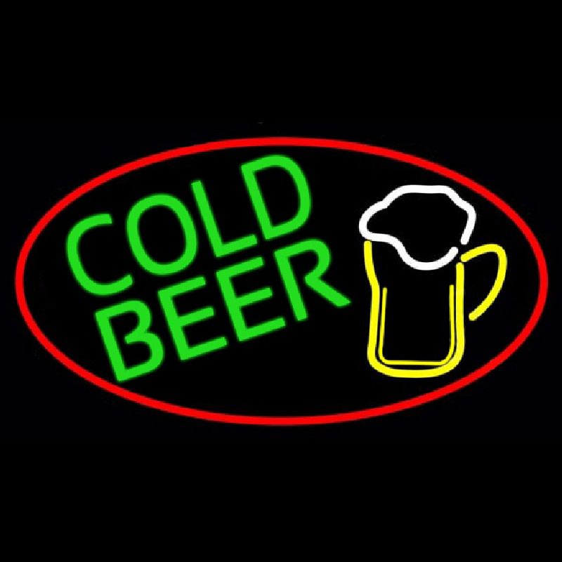 Cold Beer And Mug Oval With Red Border Leuchtreklame