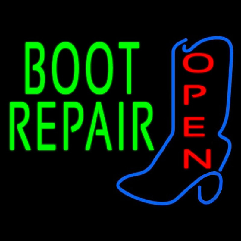 Green Boot Repair With Logo Open Leuchtreklame