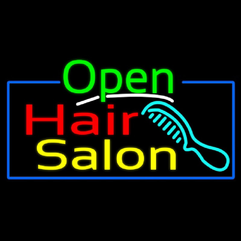 Green Open Hair Salon With Blue Border Leuchtreklame