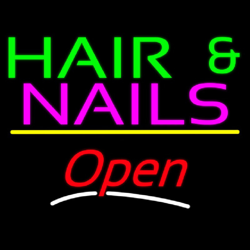 Hair And Nails Open Yellow Line Leuchtreklame