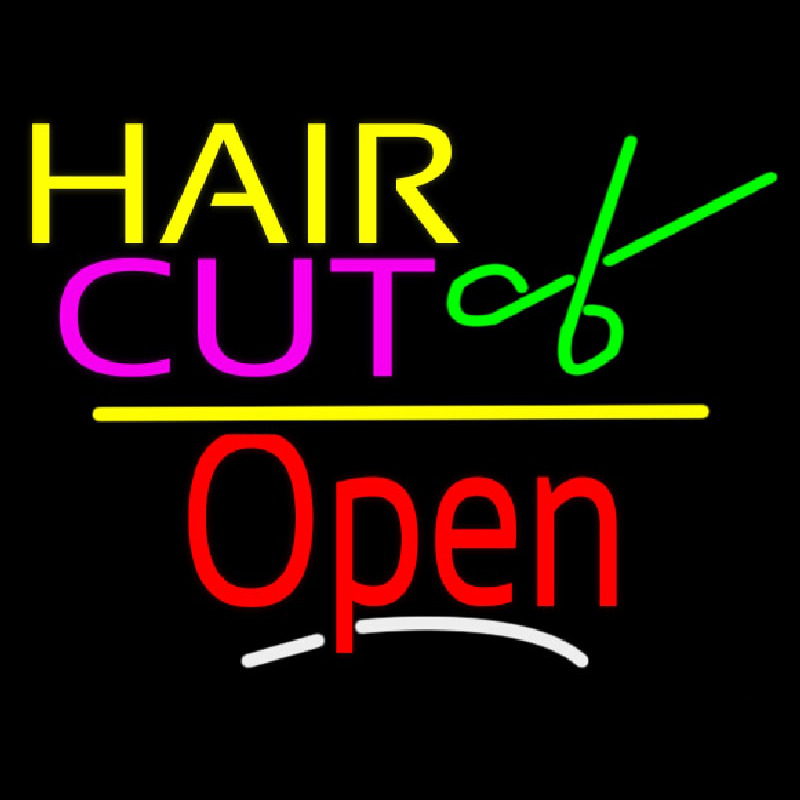 Hair Cut Logo Open Yellow Line Leuchtreklame