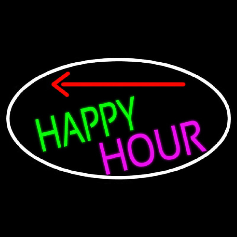 Happy Hour And Arrow Oval With White Border Leuchtreklame