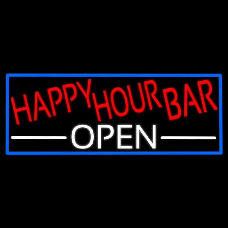 Happy Hour Bar Open With Blue Border Leuchtreklame