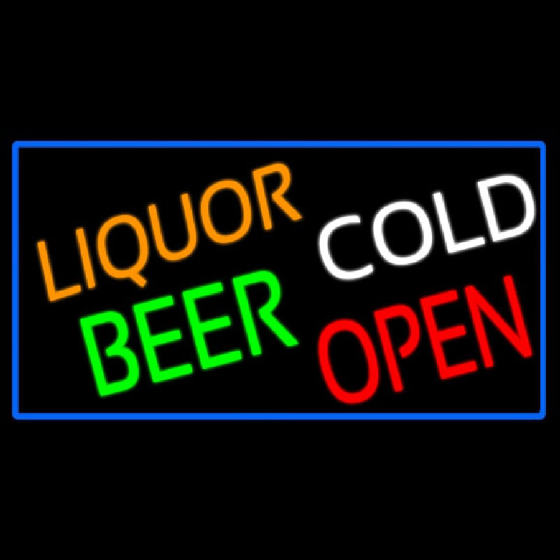 Liquors Beer Cold Open With Blue Border Leuchtreklame