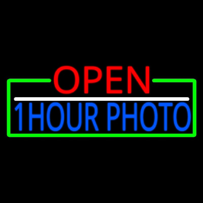 Open 1 Hour Photo With Green Border Leuchtreklame