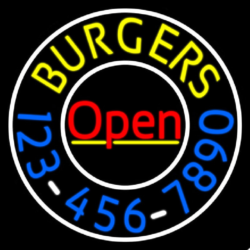 Open Burgers With Numbers Circle Leuchtreklame