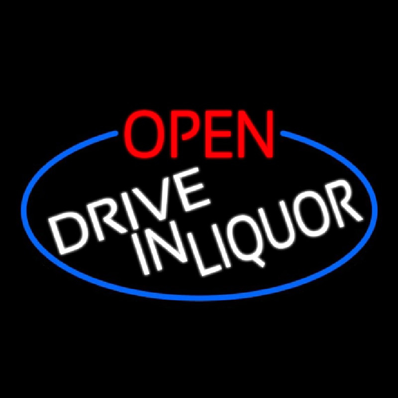 Open Drive In Liquor Oval With Blue Border Leuchtreklame