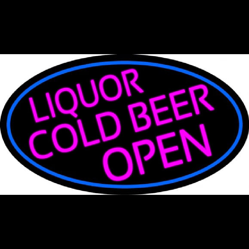 Pink Liquors Cold Beer Open Oval With Blue Border Leuchtreklame