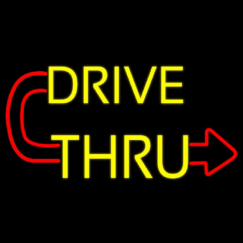 Red Drive Thru With Curved Arrow Leuchtreklame