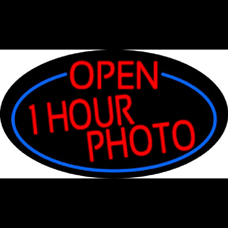 Red Open One Hour Photo Oval With Blue Border Leuchtreklame