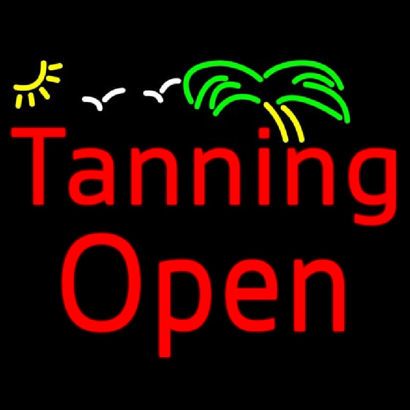 Red Tanning Open With Palm Tree Leuchtreklame