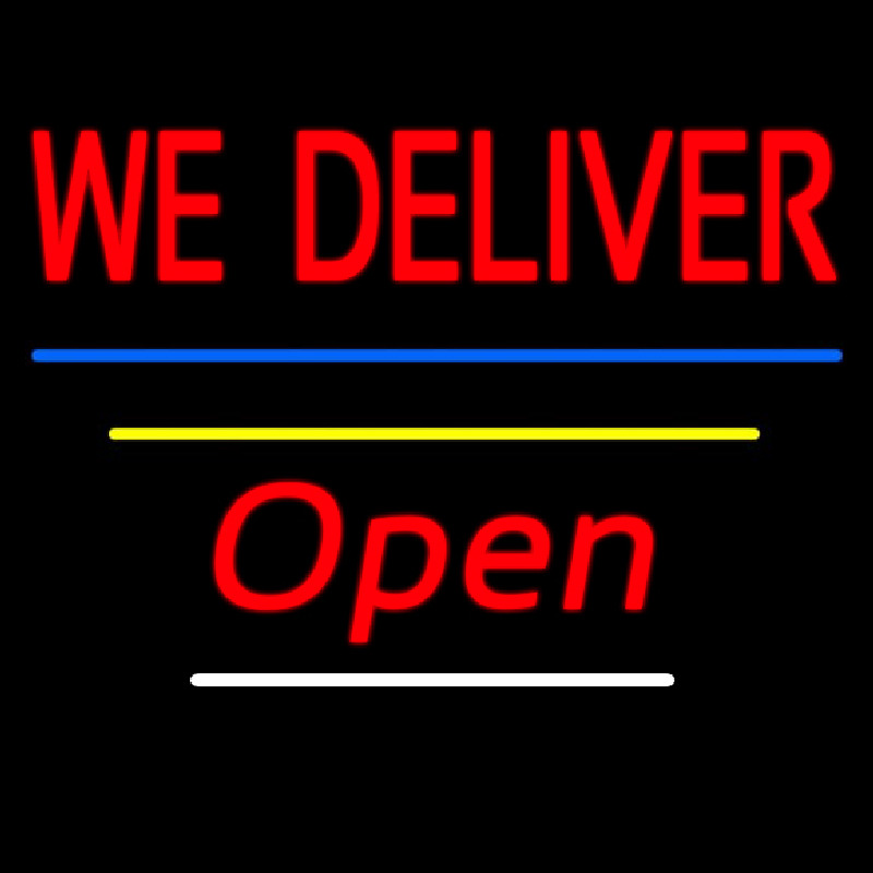 We Deliver Open Blue And Yellow Line Leuchtreklame