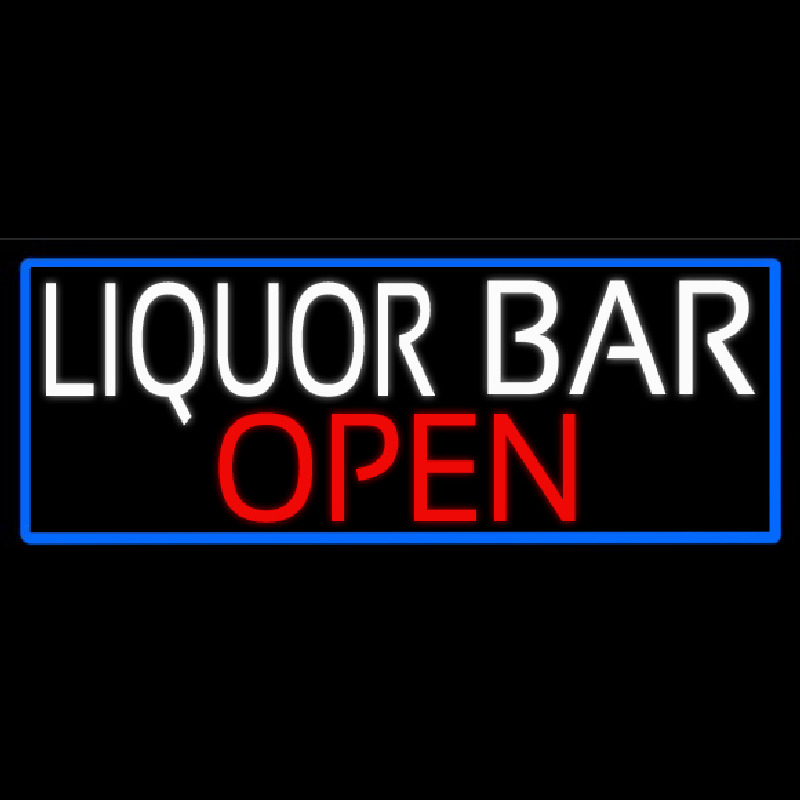 White Liquor Bar Open With Blue Border Leuchtreklame