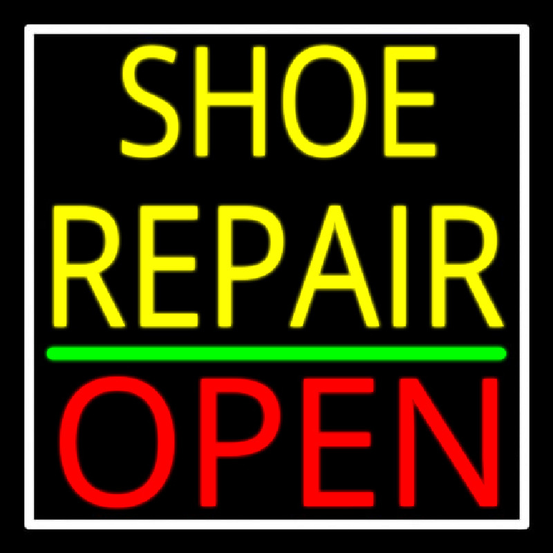 Yellow Shoe Repair Open With Border Leuchtreklame