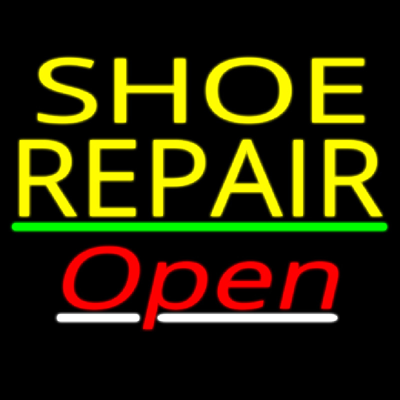 Yellow Shoe Repair Open With Green Line Leuchtreklame