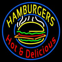 Circle Hamburgers Hot And Delicious Leuchtreklame