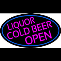 Pink Liquors Cold Beer Open Oval With Blue Border Leuchtreklame