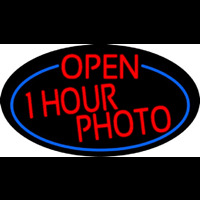 Red Open One Hour Photo Oval With Blue Border Leuchtreklame