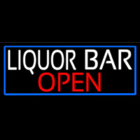 White Liquor Bar Open With Blue Border Leuchtreklame